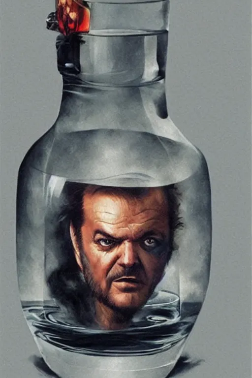 Prompt: a ship in a bottle but instead of a ship it is jack nicholson in the bottle, a young jack nicholson, fancy whiskey bottle, masterpiece painting by artgerm, ruan jia, jakub rebelka, tom bagshaw