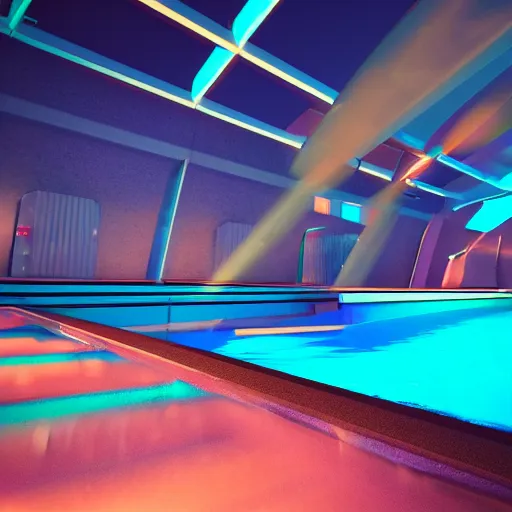 Prompt: A ray of light glimmering over a pool in a futuristic setting, cyberpunk, neon lights, pastel colours, 8k render octane engine, extremely detailed