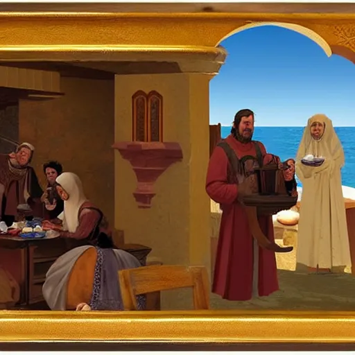 Prompt: ' a medieval turkish nobleman takes breakfast at his coastal manor with his family '. matte painting by angus mcbride, digital matte painting with high fidelity realistic textures and figures.