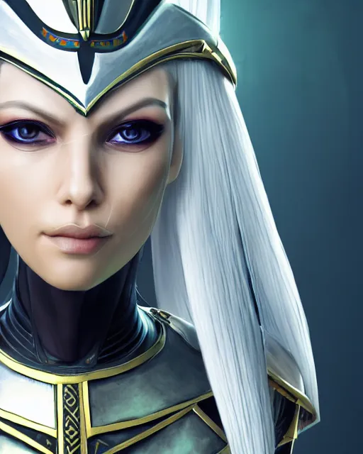 Prompt: perfect white haired attractive egyptian goddess, warframe armor, pharaoh headdress, beautiful, symmetric, dreamy, half asian, pretty face, green eyes, charlize theron, detailed, scifi platform, laboratory, experiment, 4 k, ultra realistic, epic lighting, android body, illuminated, cinematic, masterpiece, art by akihito tsukushi, voidstar