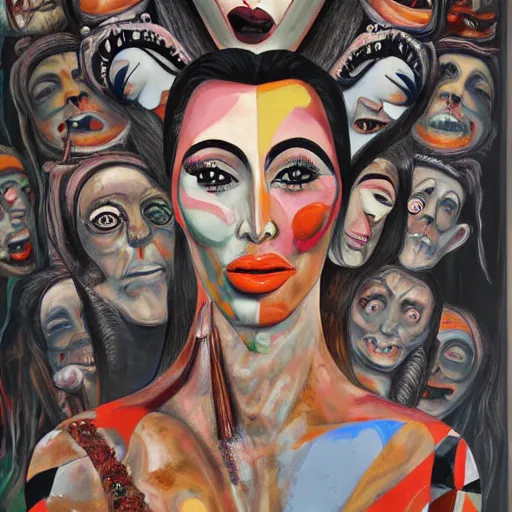 Prompt: grotesque portrait of kim kardashian painted by george condo, intricate, multiple faces, dark, highly detailed, oil on canvas, terrifying, brilliantly colored, 8 k