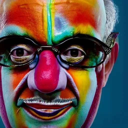Prompt: uhd photorealistic portrait of cosmic clown made of bugs, in the image of klaus schwab, wearing authentic clown costume and real bizarre clown makeup, correct face, accurate faces, intricate details, intricate cllown makeup