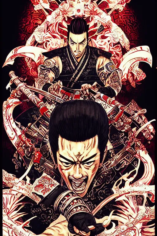 Image similar to poster of kiryu from yakuza as a samurai, by yoichi hatakenaka, masamune shirow, josan gonzales and dan mumford, ayami kojima, takato yamamoto, barclay shaw, karol bak, yukito kishiro, highly detailed
