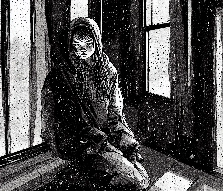 Prompt: sadie sink in hoodie sits on windowsill, knees tucked in | rain falls at night : storyboard, scifi cyberpunk. by gabriel hardman, chris bonura. cinematic atmosphere, detailed and intricate, perfect anatomy