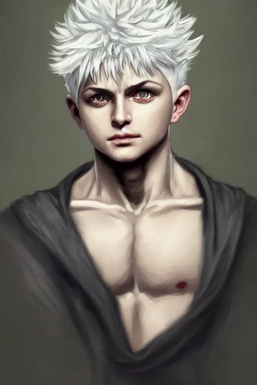 Prompt: painted portrait of killua zoldyck, hunter hunter, hunterpedia, madonna, white hair, masculine, mature, handsome, upper body, muscular, fantasy, intricate, elegant, highly detailed, digital painting, artstation, concept art, smooth, sharp focus, illustration, art by gaston bussiere and alphonse mucha