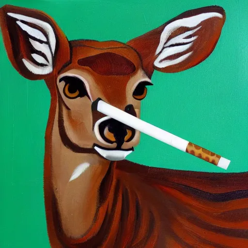 Image similar to deer with a cigarette in its mouth, stylized, artistic, great contrast, brown and green, rule of thirds, dripping paint, thick strokes, gouche