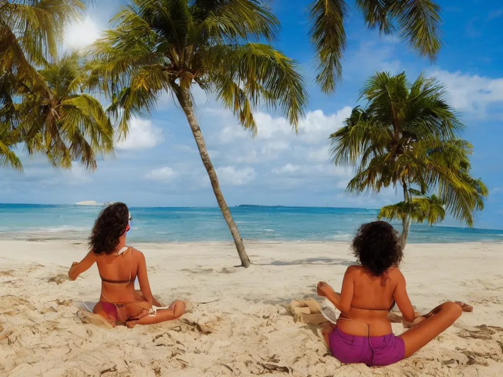 Image similar to a woman on beach on a tropical island with a beautiful ocean view, sitting next to an elephant