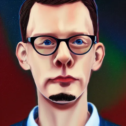 Prompt: portrait of Neil Cicierega looking forward holding his cat, serious facial expression, digital artwork, highly detailed, trending on artstation, red colors, dark, dreamlike, mystical