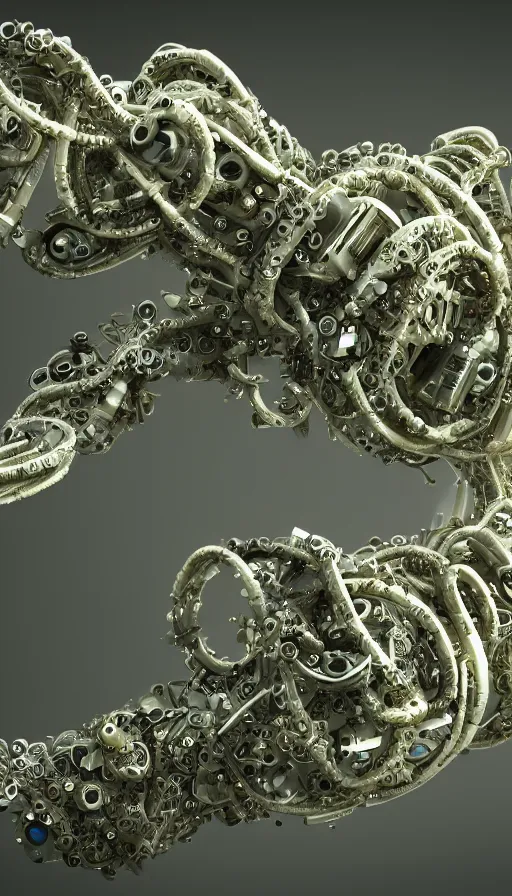 Prompt: a single bio mechanical tentacle, robotic but also organic, made up of lots of small parts, wet, shiny, horror, clinical, octane render, 8k, hyper realistic, super detailed