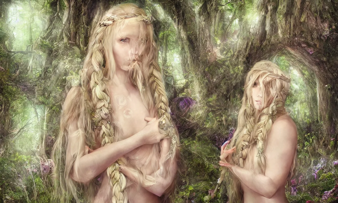 Image similar to beautiful blonde woman with plaits, forest fae, psychedelic mushrooms, magic, mystical, white witch, photorealistic, sacred geometry