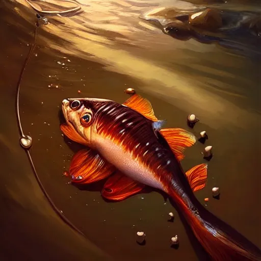 Image similar to a fish covered in chocolate syrup. soft, atmospheric, warm lighting. highly detailed digital painting by mandy jurgens.