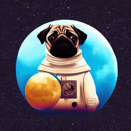 Image similar to Pug Astronaut stands on a ball that look like the moon, artstation