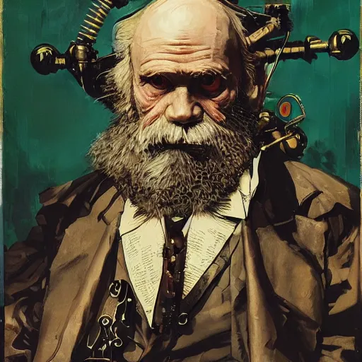 Prompt: portrait of charles darwin as a steampunk cyborg, clockwork automaton, hanafuda oil on canvas by ivan shishkin, james jean and yoji shinkawa