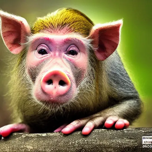 Image similar to pig monkey hybrid, bold natural colors, national geographic photography, masterpiece, full shot