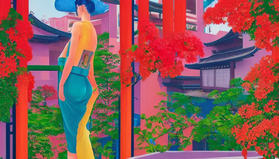 Prompt: a vibrant dream of a beautiful girl wearing gucci from behind on a balcony looking out over a fancy street in kyoto japan, lush plants, monorail, glowing paper lanterns, high fashion, magic details, by moebius, edward hopper, james gilleard, and james jean, hd, 8 k, trending on artstation, uhd,