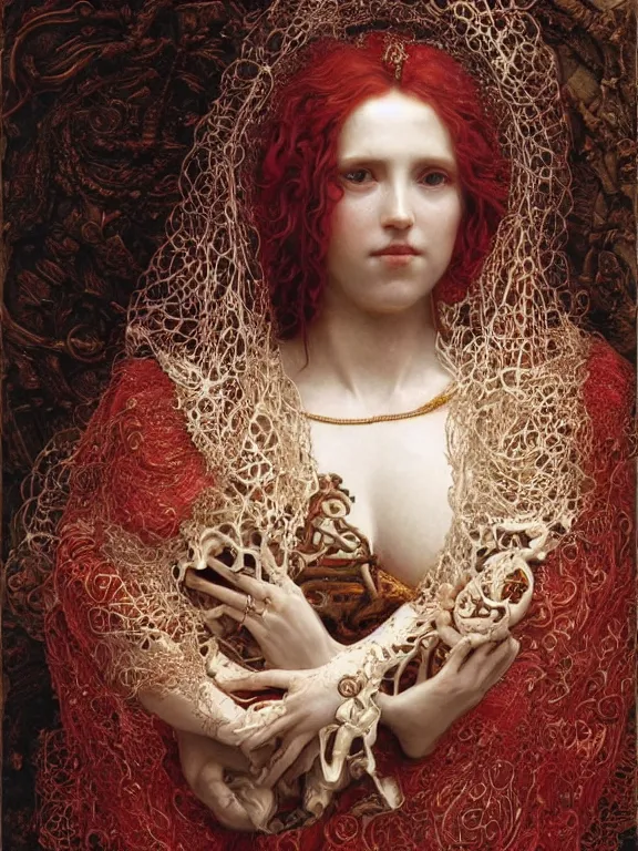 Prompt: a beautiful render of a baroque catholic veiled red queen with symmetry intricate detailed heart sculpture,pieta.by Lawrence Alma-Tadema, peter gric,aaron horkey,Billelis,trending on pinterest,hyperreal,jewelry,gold,intricate,maximalist,glittering,golden ratio,cinematic lighting