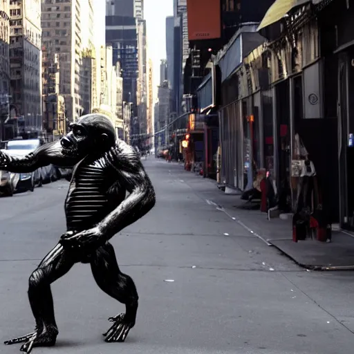 Image similar to terminator ape walking down new york streets