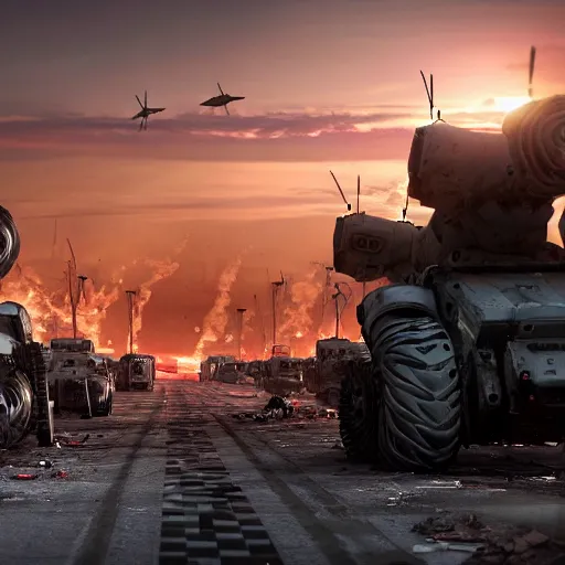 Image similar to machines and robot soldiers run on the horizon in a deserted street full of machines and wrecked cars. there are destroyed and abandoned buildings in the background. rockets take off on the horizon leaving this planet that has become uninhabitable, 4k, highly detailed, cinematic render