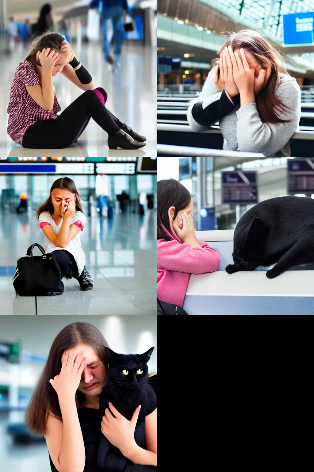 Prompt: girl crying at airport with black cat