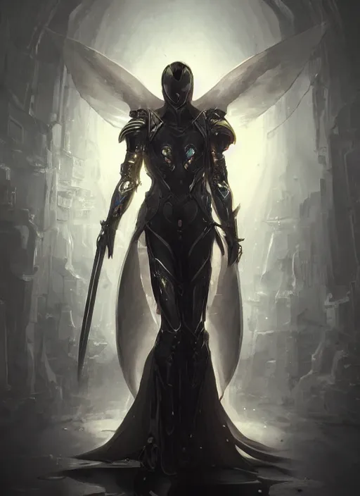 Image similar to dark seraphim knight in light armor wielding a magical lance, full body silhouette. dark water, cyberpunk pearl armor, futuristic fantasy, highly detailed, digital painting, trending on artstation, concept art, sharp focus, illustration, art by artgerm and nixeu and greg rutkowski and magali villeneuve.