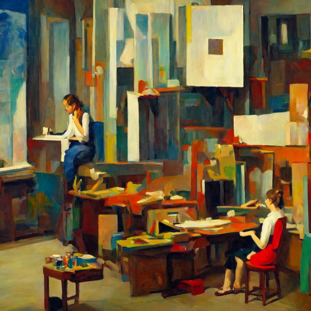 Prompt: painting of an artist, creating in her studio alone, in a huge eccentric studio filled with lots of incredible art, in the style of edward hopper