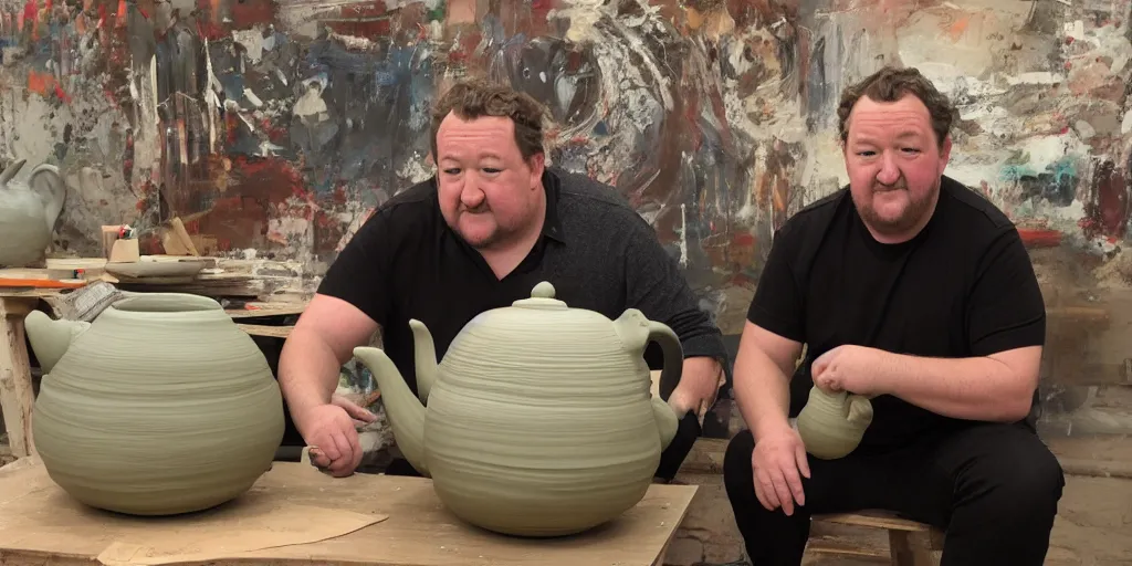 Image similar to johnny vegas sitting making a very large clay teapot, art school, studio, wet clay, ceramics, photorealistic