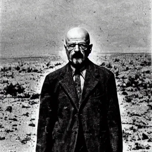 Image similar to photograph of walter white standing on a landmine, explosion, 3 5 mm photograph, war photograph