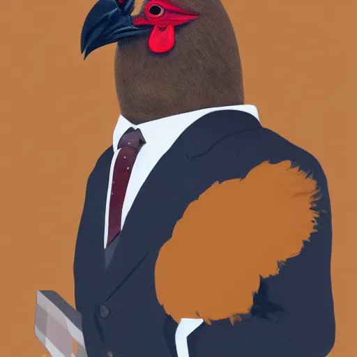 Prompt: a high quality photo of an antropomorphic chicken wearing a suit, 8k, digital art