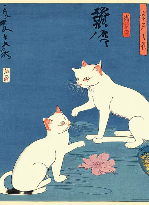 Image similar to whitecat with 2 baby white cats of utagawa hiroshige, digital painting 4 k uhd image, highly detailed