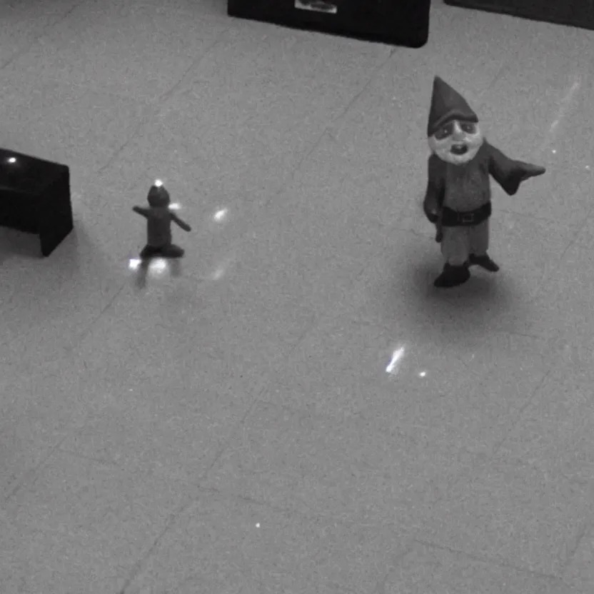 Image similar to cctv footage of a live gnome dancing