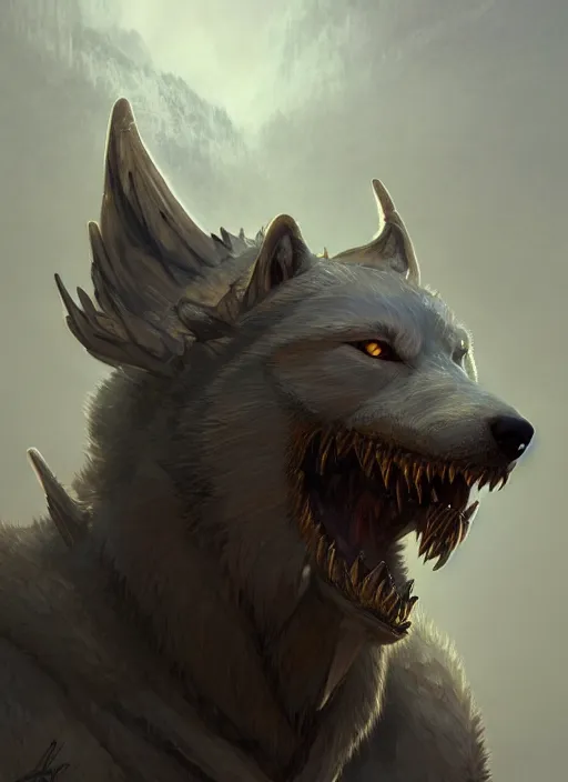 Image similar to anthropomorphic dire wolf berserker, intricate, elegant, highly detailed animal monster, digital painting, artstation, concept art, smooth, sharp focus, illustration, art by artgerm and greg rutkowski and alphonse mucha, 8 k