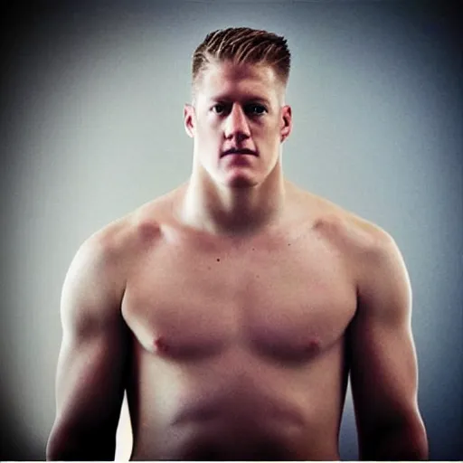 Image similar to “a realistic detailed photo of a guy who is an attractive humanoid who is half robot and half humanoid, who is a male android, football player JJ Watt, shiny skin, posing like a statue, blank stare”