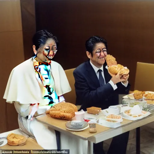 Image similar to the pope eating mc donalds with prime minister shinzo abe, photo by slim aarons, award winning