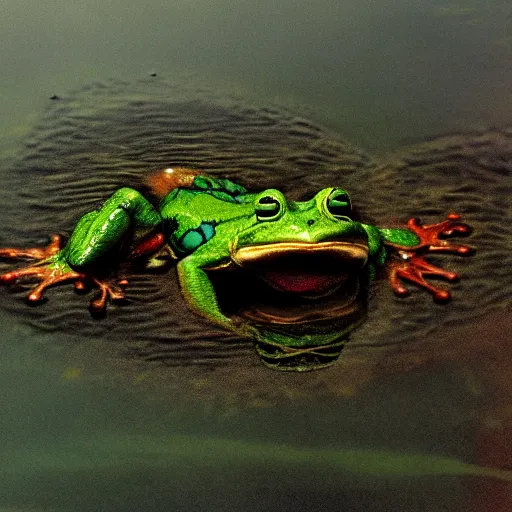 Prompt: semitranslucent smiling frog amphibian floating upside down over misty lake in Jesus Christ pose, cinematic shot by Andrei Tarkovsky, paranormal, spiritual, mystical