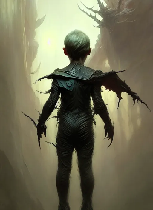 Image similar to fantasy changeling kid revealing his true nature, dim light, front game card, marvel comics, dark, intricate, highly detailed, smooth, artstation, digital illustration by ruan jia and mandy jurgens and artgerm and wayne barlowe and greg rutkowski and zdislav beksinski