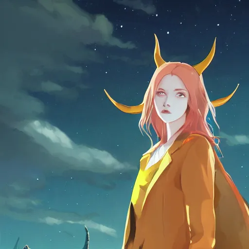 Image similar to portrait of a pale redheaded demoness with yellow eyes and horns wearing a jacket, galaxy background, highly detailed, digital painting, artstation, matte, by makoto shinkai, animation style, studio ghibli, anime key visual