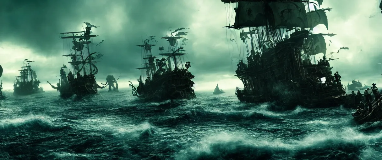 Prompt: pirates fighting kraken, cinematic atmosphere, maximized, high detail, 8k, ornate, dark fantasy, masterpiece, complex, film still from the movie directed by Denis Villeneuve