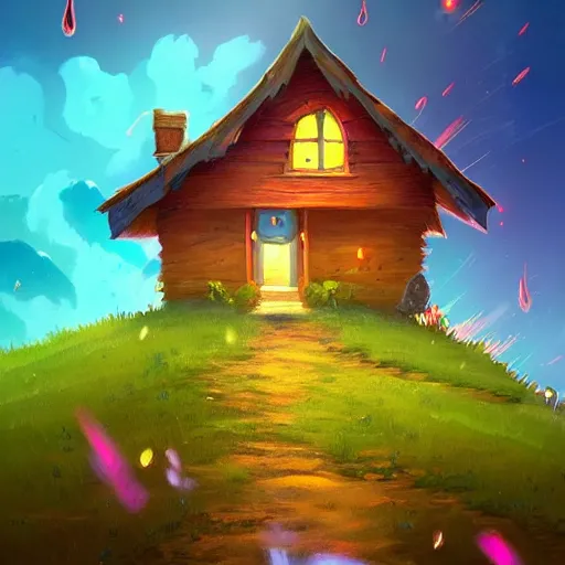 Image similar to beautiful 3 d painting of a colourful house on a hilltop at midnight with small fireflies flying around, breath of the wild, hyrule, inspired by cyril rolando, david wiesner, artstation, unreal engine