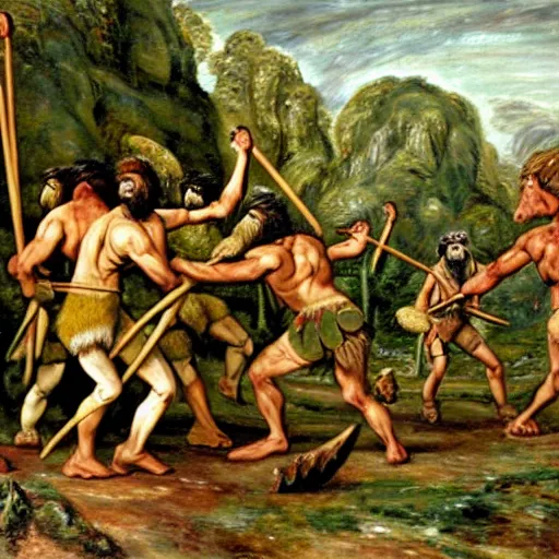 Prompt: A green scaly dinosaur!!! fighting with several realistic detailed cavemen with proportioned bodies, the cavemen are armed with spears, the caveman are in a fighting stance, the cavemen are wearing animal furs, coarse canvas, visible brushstrokes, intricate, extremely detailed painting by John Constable