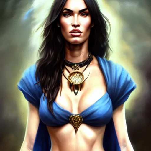 Image similar to portrait of megan fox, muscular upper body, slave collar, greek, jewelry, blue dress, fantasy, intricate, elegant, highly detailed, digital painting, artstation, concept art, matte, sharp focus, illustration, art by aenaluck and roberto ferri and greg rutkowski, epic fantasy, digital painting