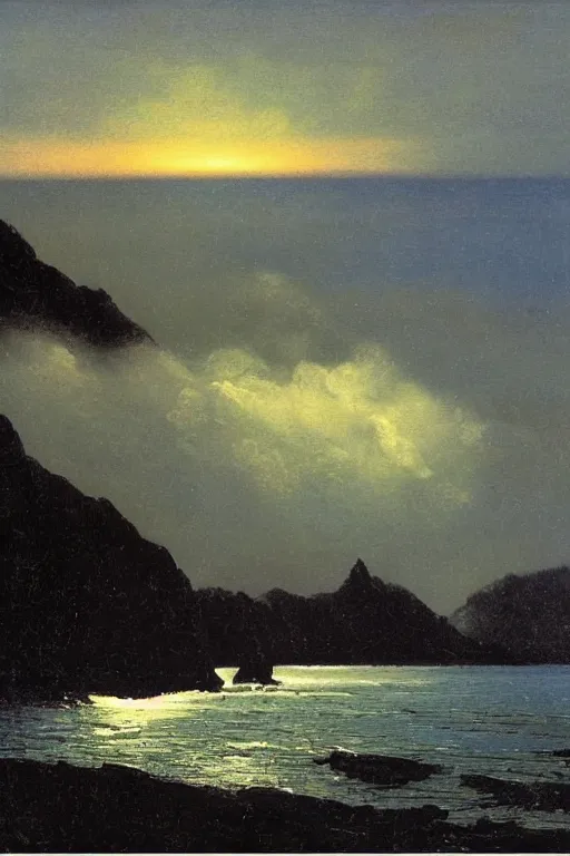 Image similar to Donegal landscape after the storm, the sea is shimmering, arkhip kuindzhi, twilight,