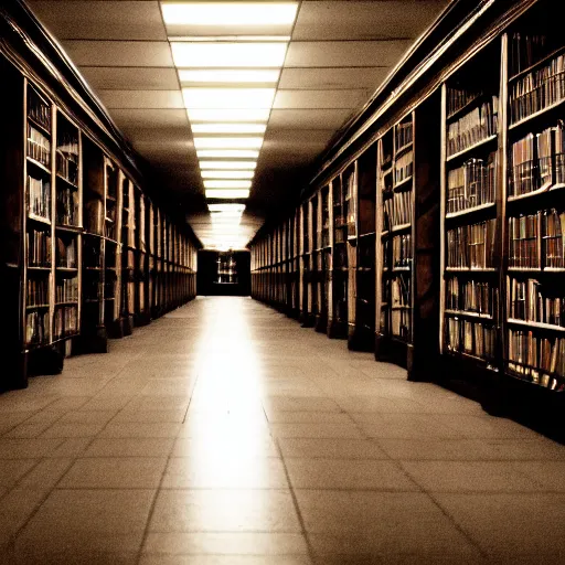 Prompt: a never ending, dark hallway of a library, filled with darkness, dark, no lights, creatures from the dark