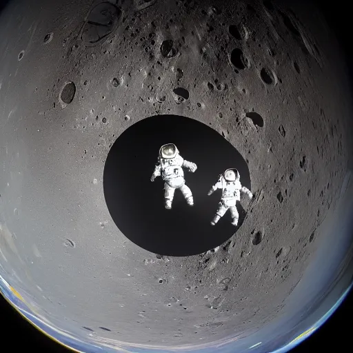 Image similar to two astronauts on the moon looking down at the camera, fish-eye lens, 15mm