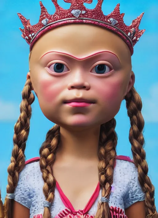 Image similar to closeup face profile portrait of tin toy greta thunberg as a bikini model princess wearing a crown eating cakes, depth of field, zeiss lens, detailed, symmetrical, centered, fashion photoshoot, by nicoletta ceccoli, mark ryden, lostfish, breathtaking, 8 k resolution, extremely detailed, beautiful, establishing shot, artistic, hyperrealistic, octane render