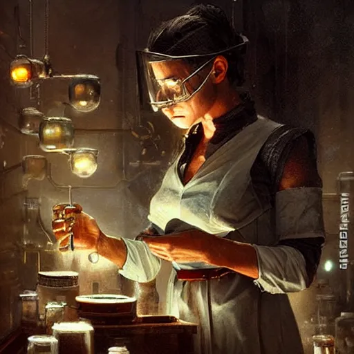 Image similar to dark-elf dressed as alchemist working in laboratory, oil painting, by Greg Rutkowski