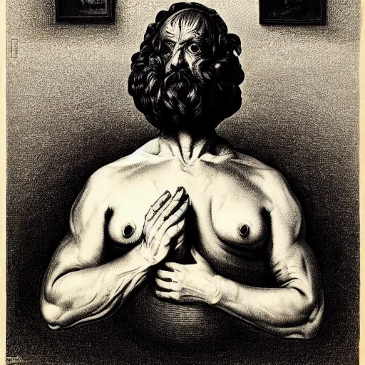 Image similar to lithography on paper conceptual figurative post - morden monumental portrait by goya and escher and hogarth, illusion surreal art, highly conceptual figurative art, intricate detailed illustration, controversial poster art, polish poster art, geometrical drawings, no blur