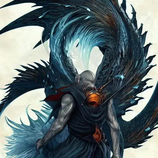 Image similar to full body anime style human in dragon form, bald, fire beard. fantasy style. very punk / alt aesthetic. wings and tail, a highly detailed, digital painting, artstation, concept art, matte, sharp focus, illustration, art by artgerm and greg rutkowski