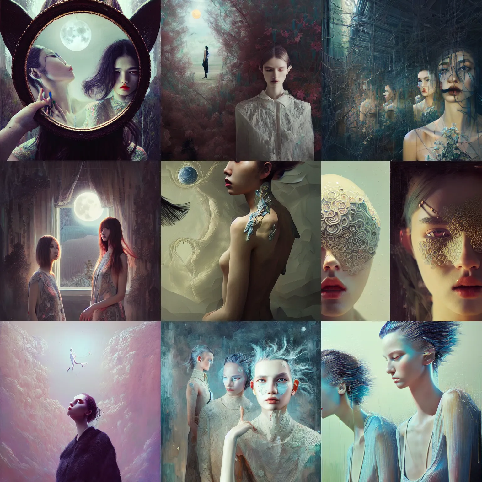 Prompt: 3 d, fashion models look into the frame, moon ryas, intricate oil painting, high detail, figurative art, multiple exposure, poster art, 3 d, by tooth wu and wlop and beeple