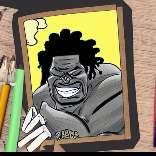 Image similar to black hulk with dreadlocks, cartoon drawing, meme