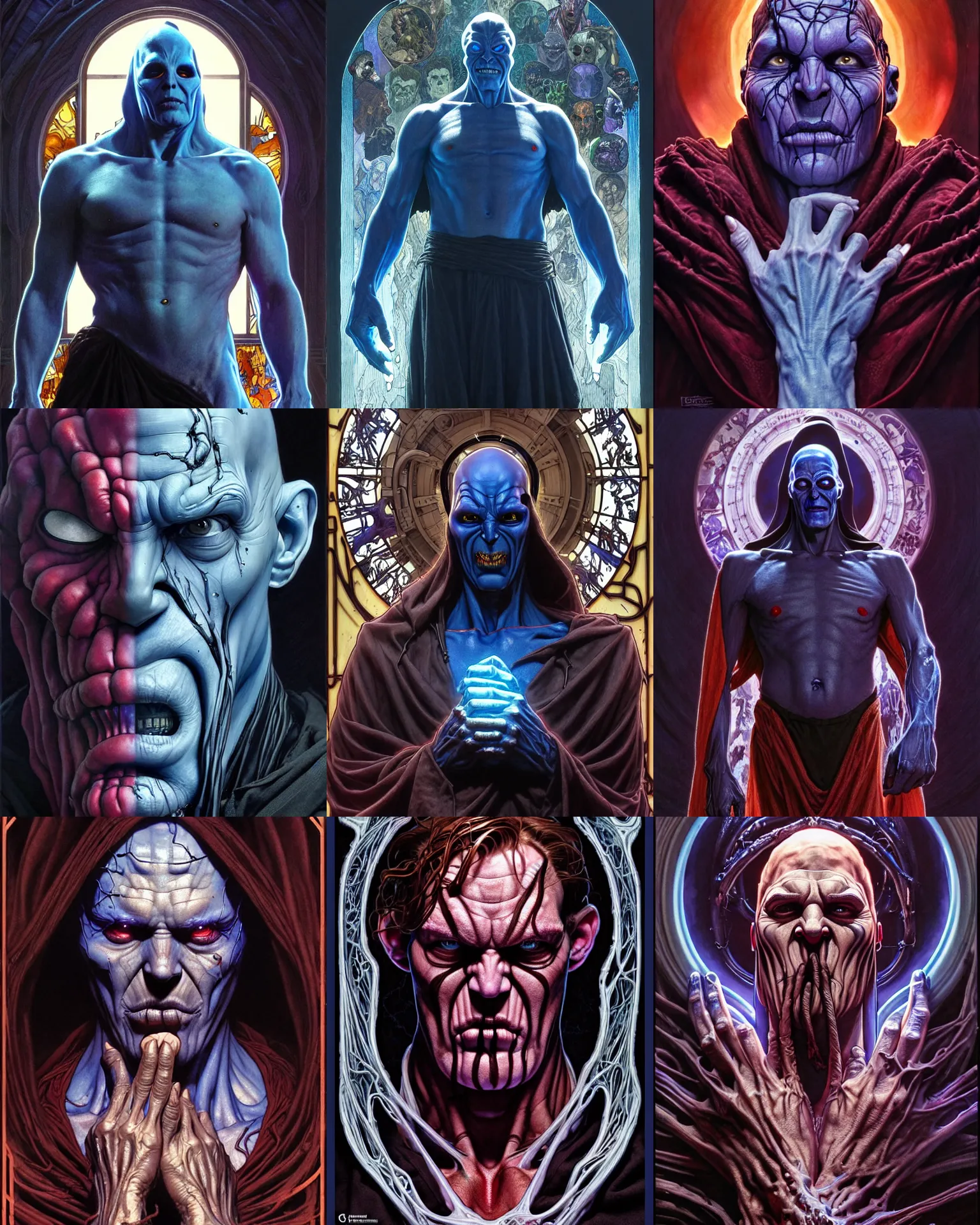 Prompt: the platonic ideal of the godfather of cletus kasady ultimate carnage thanos dementor doctor manhattan chtulu nazgul, detailed, intricate, hyperrealism, intense, scary, decay, dmt, art by brock hofer and artgerm and greg rutkowski and alphonse mucha